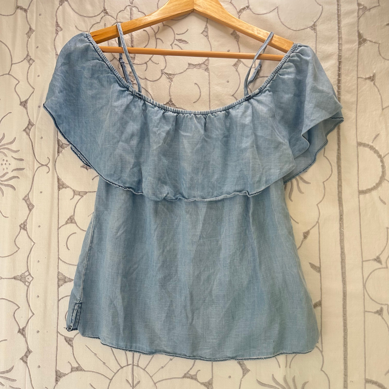 Skies Are Blue Off Shoulder Tencel Blouse Medium Chambray